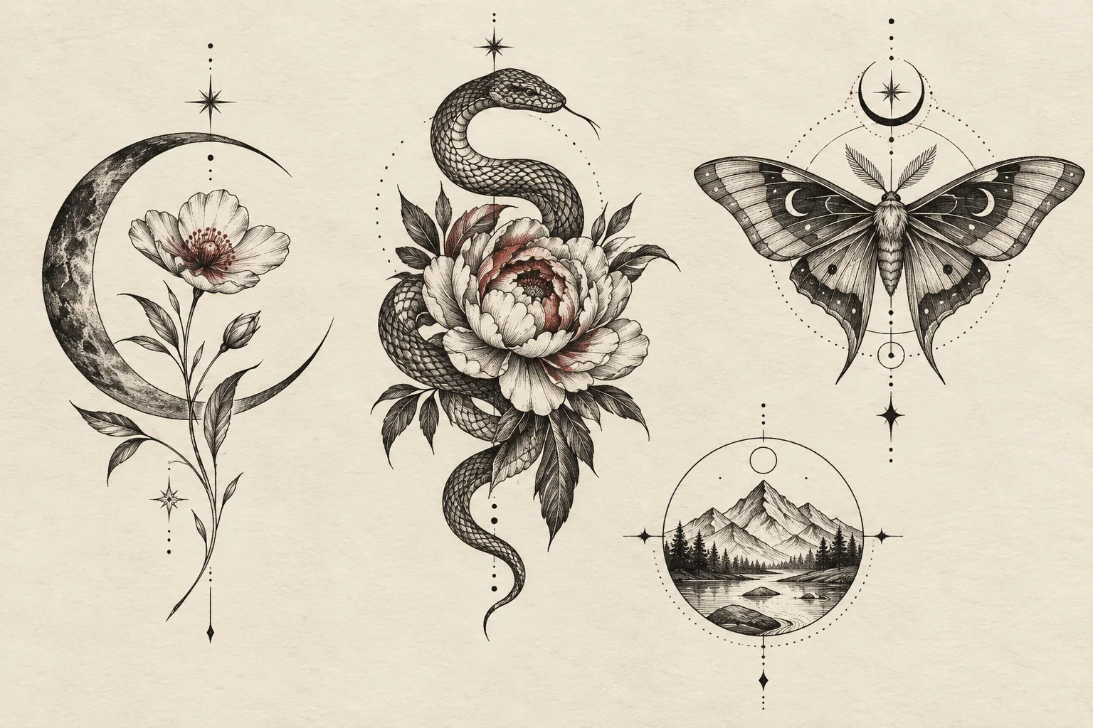 Fine line crescent moon and flower tattoo concept